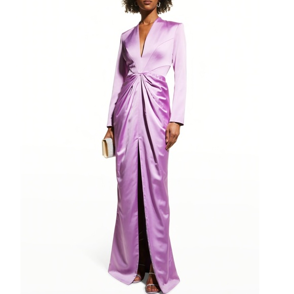 RASARIO - Purple Front-Slit V-Neck Satin Gown - Picture 1 of 8